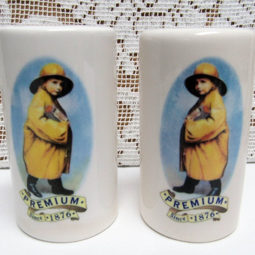 Nabisco Premium Saltines SALT & PEPPER SET Porcelain Vintage Boy in Yellow Coat